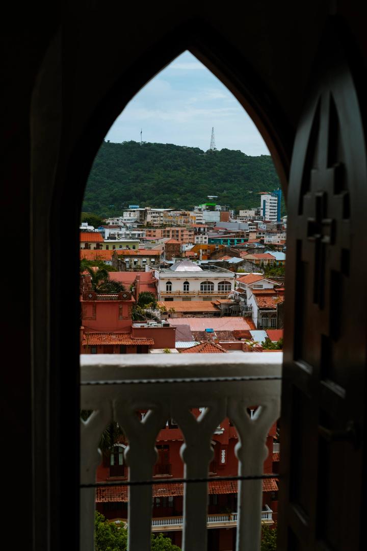 view of panama city through a church window, panama