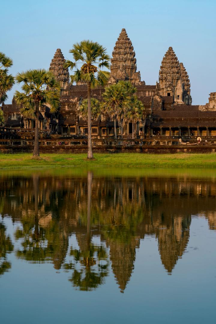 angkor wat and the reflection in the water in Siem Reap, Cambodia