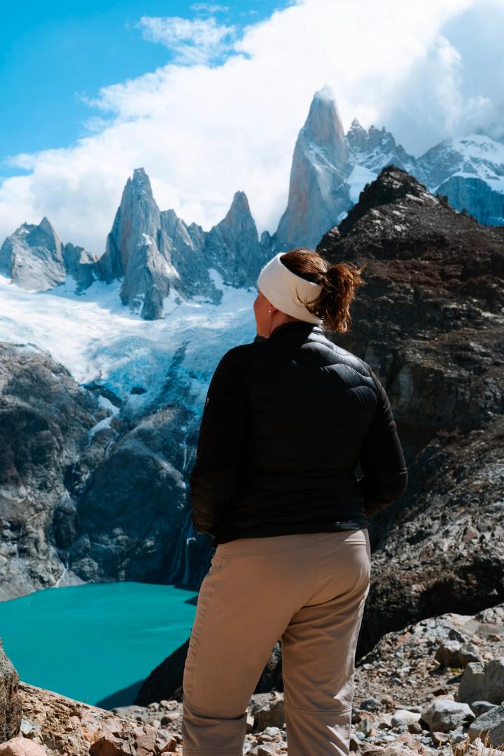 woman looking out on lago sucia in el chalten, argentina