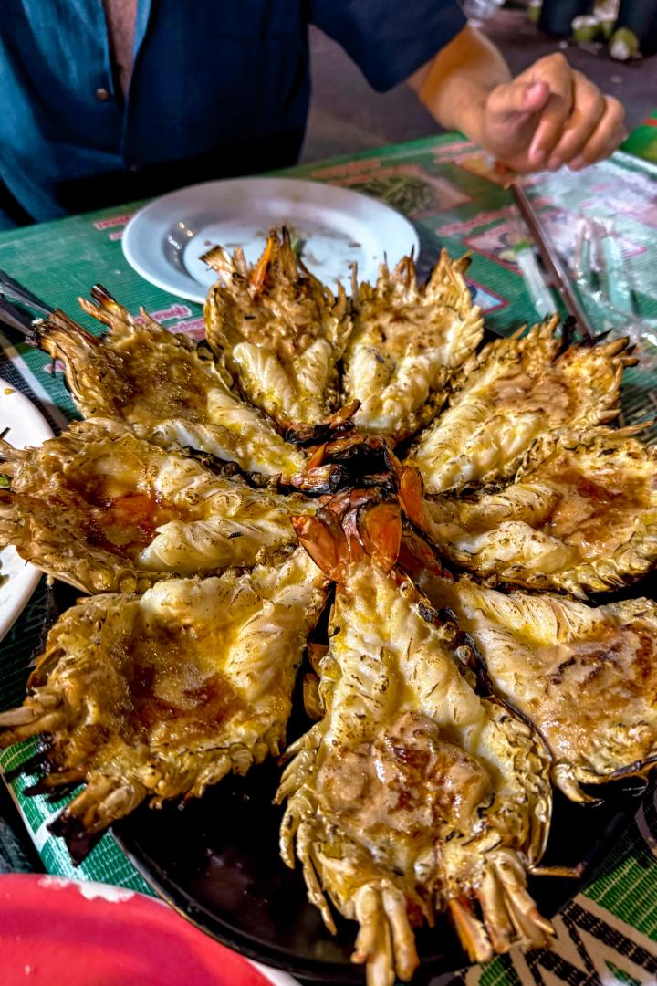 grilled prawns from a street stall in bangkok, thailand
