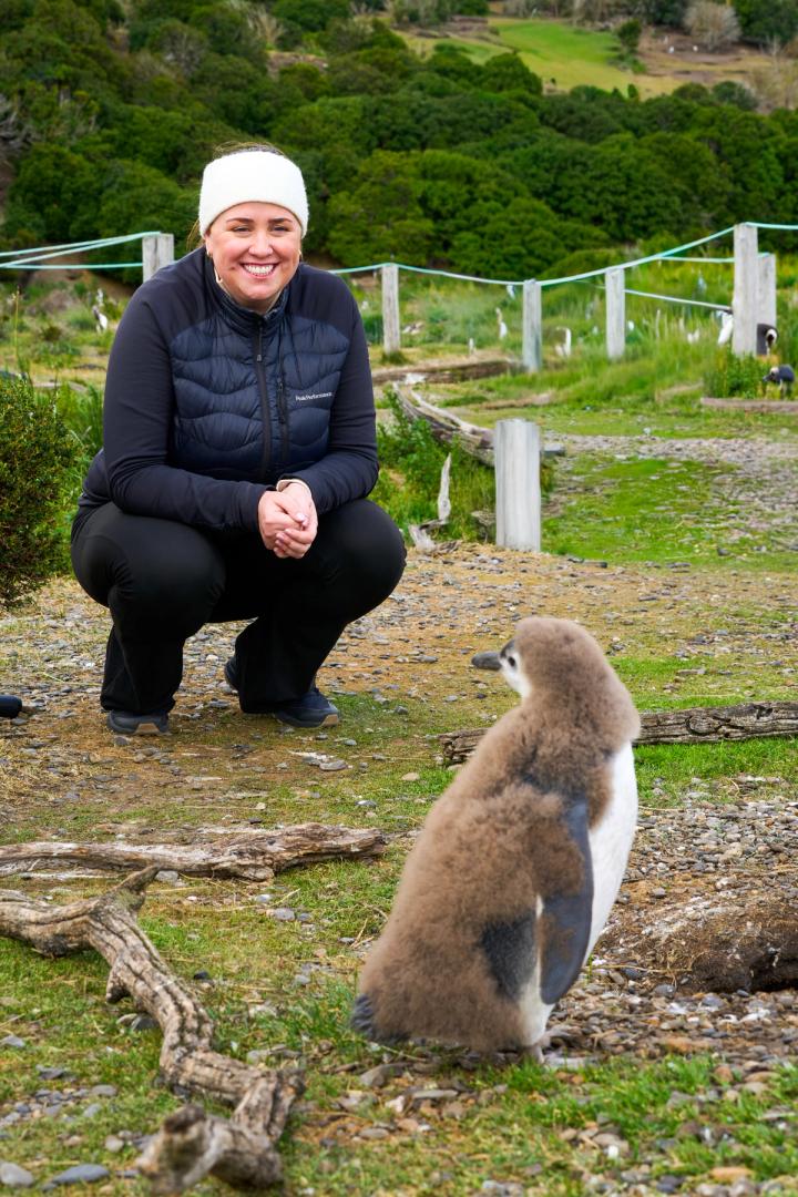 woman watching a penguin on martillo islans in ushuaia, argentina