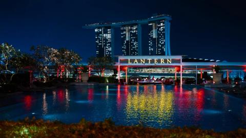 view of Marina Bay from Lantern bar and swimming pool in Singapore at night