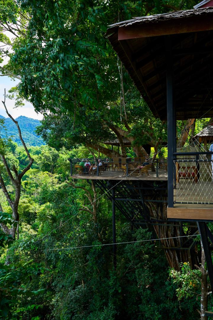 a treetop restaurant at kung si waterfalls in Luang Prabang, Laos