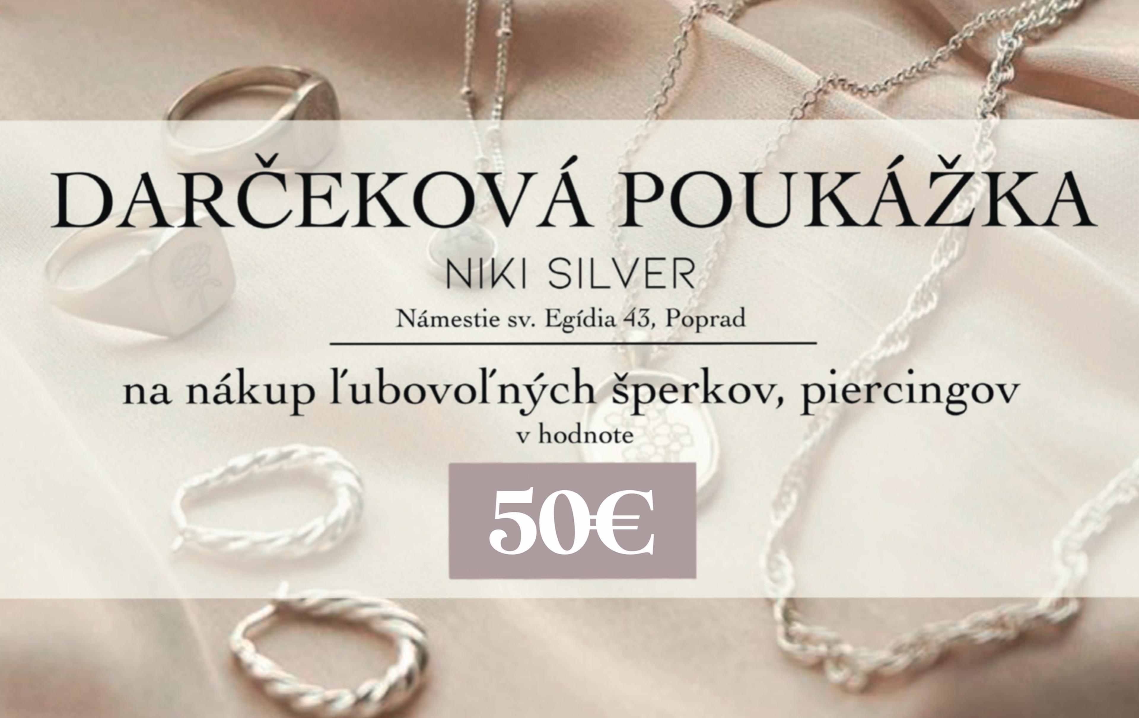 Darčeková poukážka Niki Silver na šperky a piercingy v hodnote 50 €