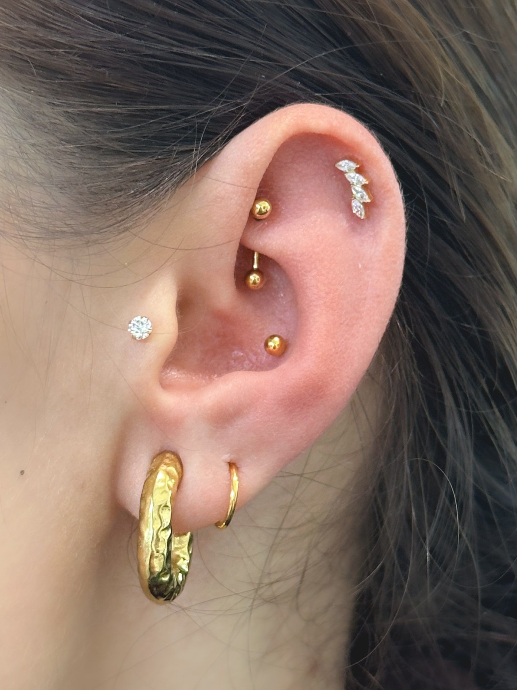 Ucho s piercingami helix, rook, tragus, conch a lalok