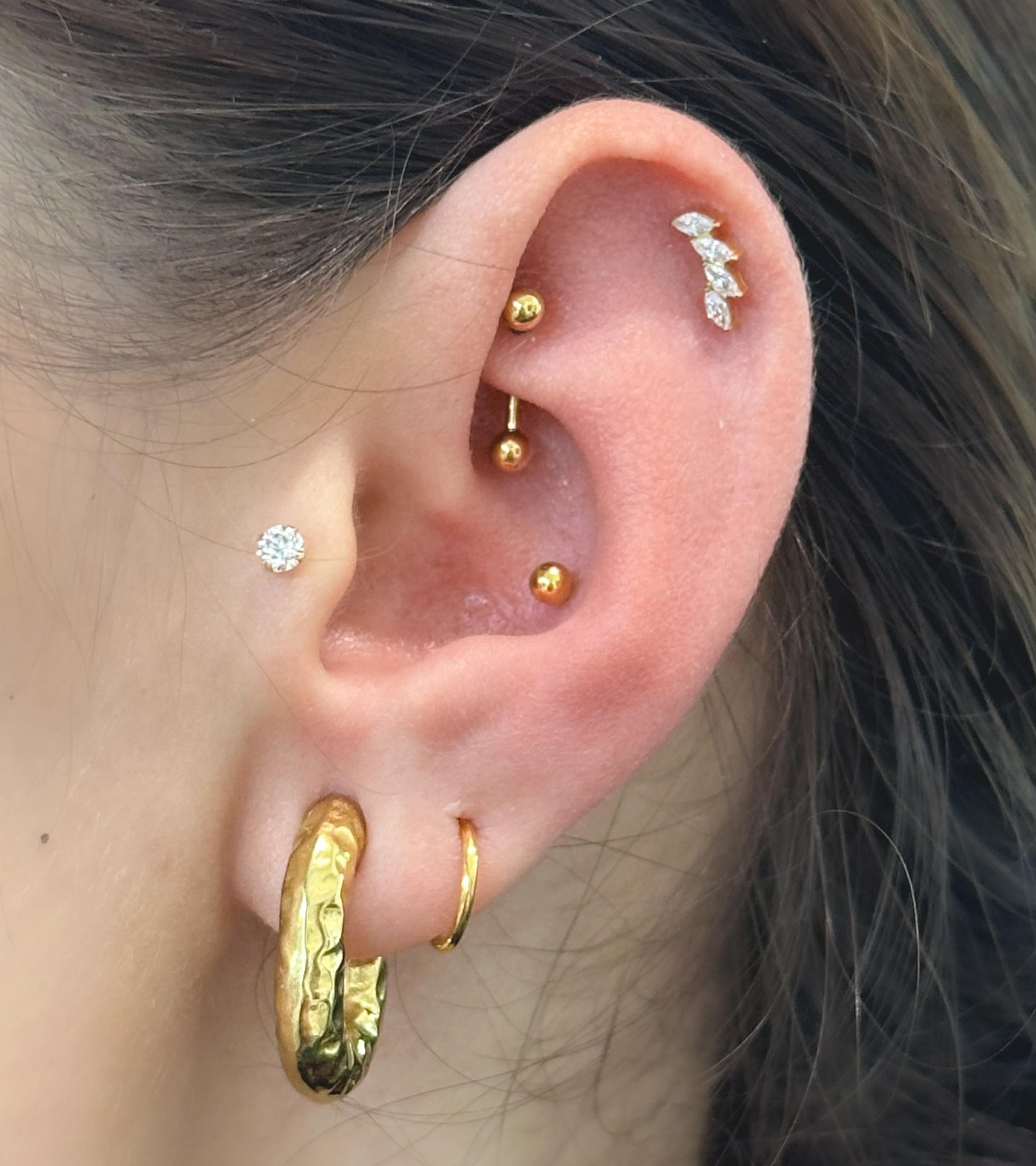 Ucho s piercingami helix, rook, tragus, conch a lalok
