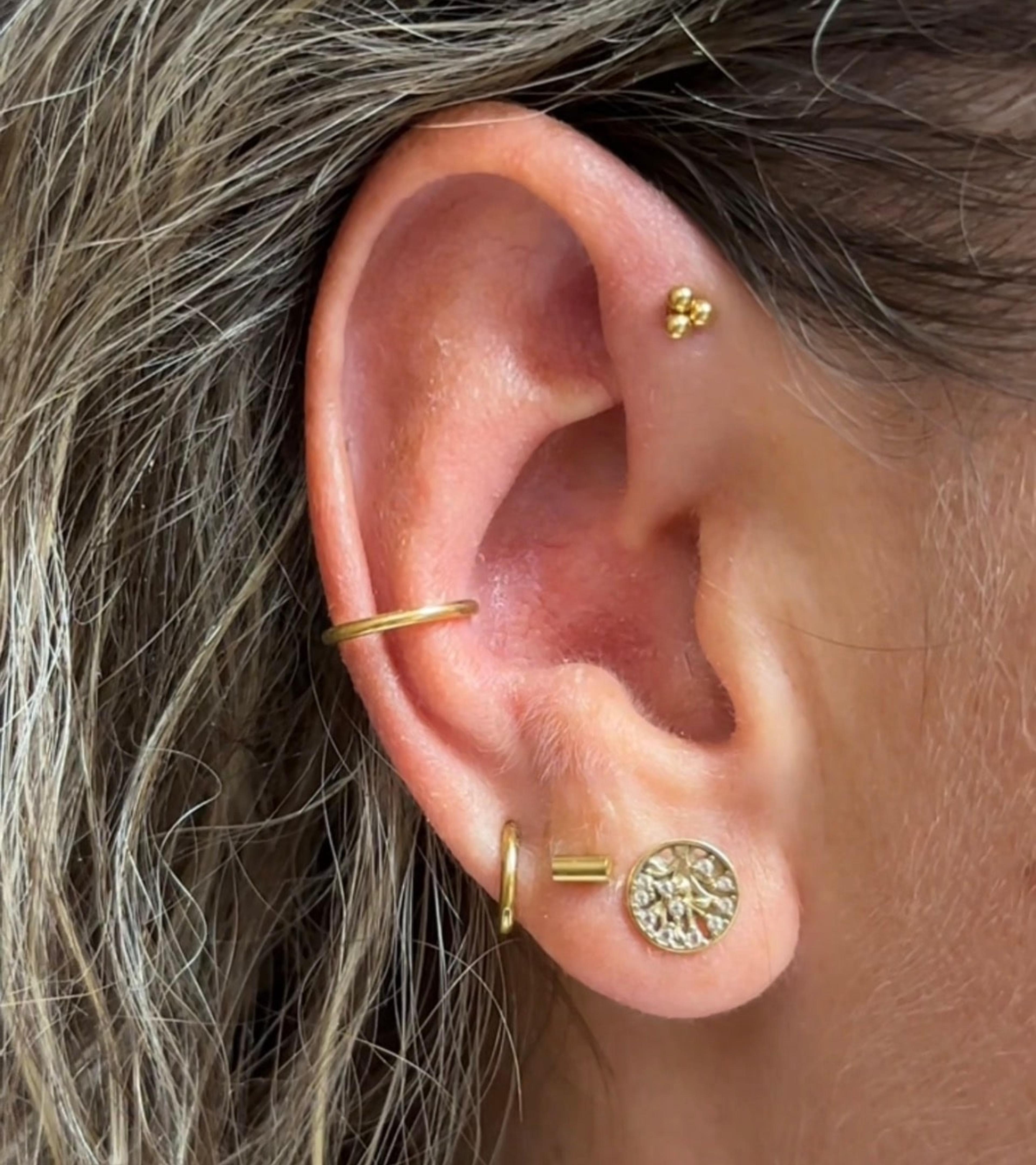 Ucho s piercingami helix, conch a lalok