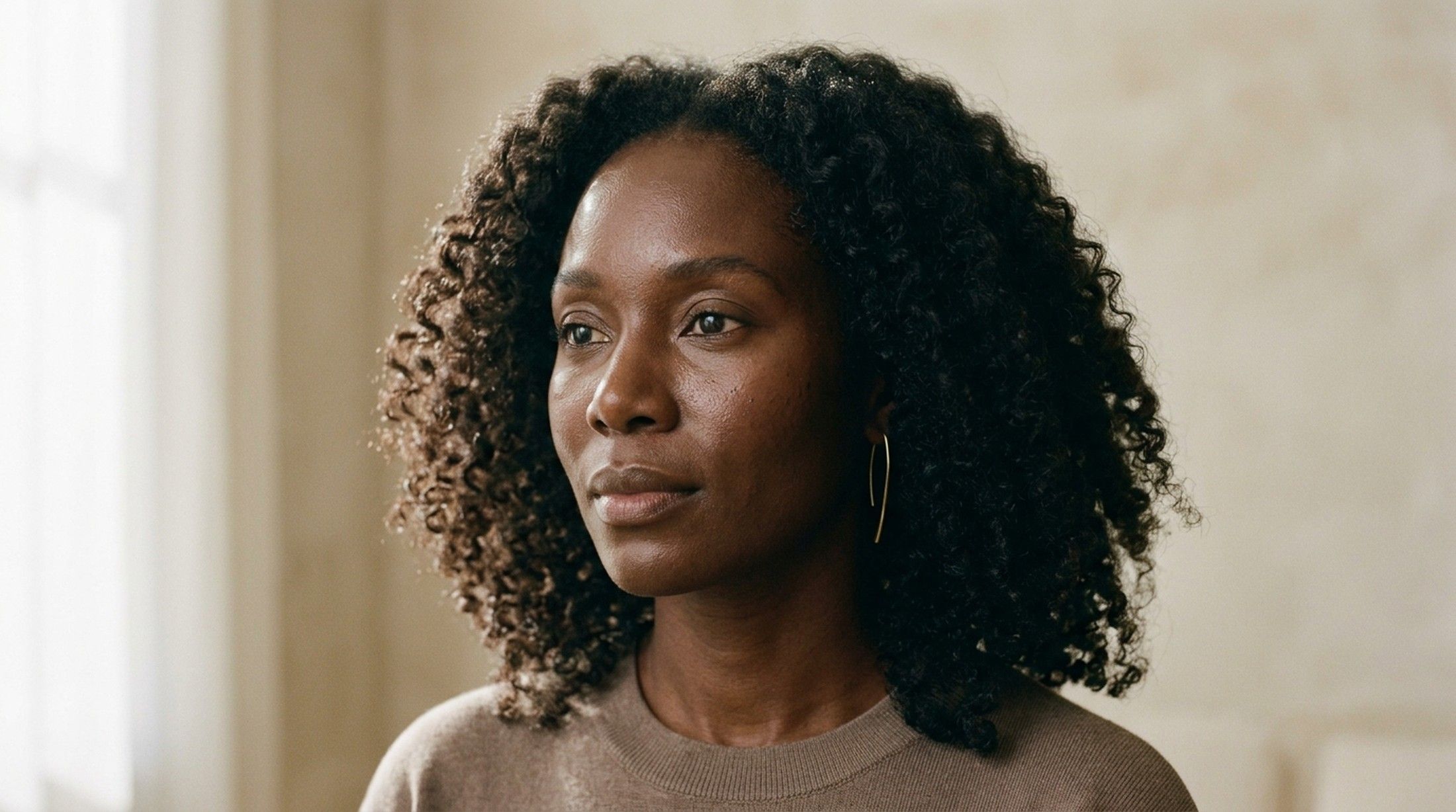 Portrait d'une femme aux cheveux naturels et à la peau saine, lumière de fenêtre, clinique de médecine esthétique à Montréal