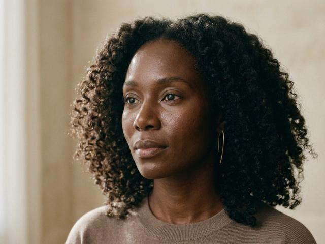 Portrait d'une femme aux cheveux naturels et à la peau saine, lumière de fenêtre, clinique de médecine esthétique à Montréal