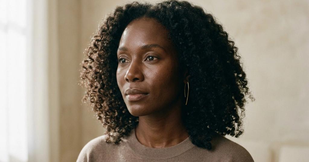 Portrait d'une femme aux cheveux naturels et à la peau saine, lumière de fenêtre, clinique de médecine esthétique à Montréal