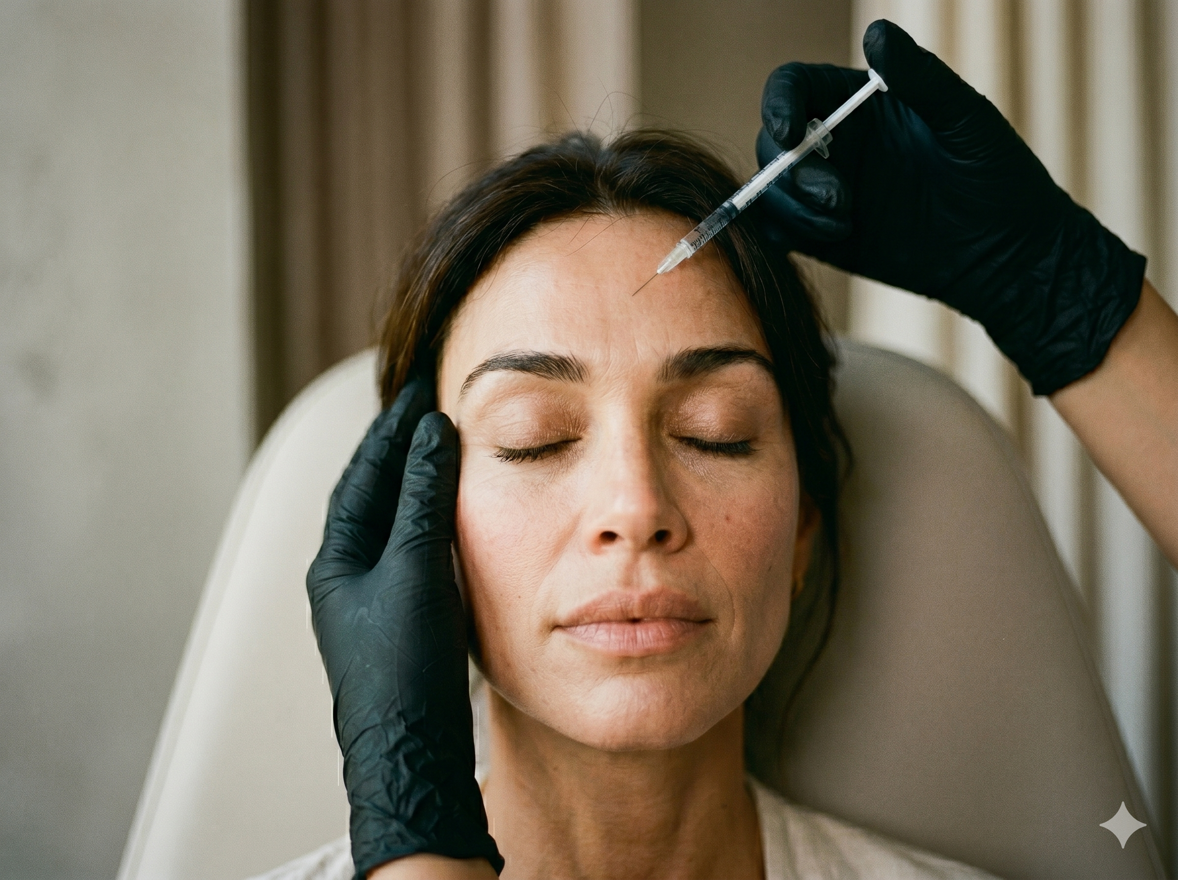 Femme recevant une injection de Botox au front, mains gantées, photo éditoriale au grain argentique