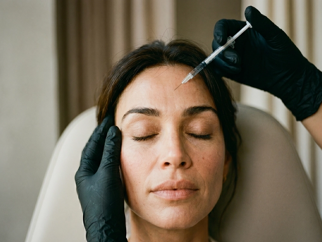 Femme recevant une injection de Botox au front, mains gantées, photo éditoriale au grain argentique