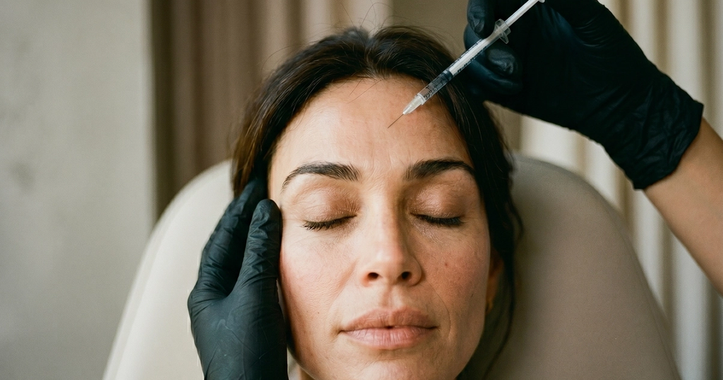 Femme recevant une injection de Botox au front, mains gantées, photo éditoriale au grain argentique