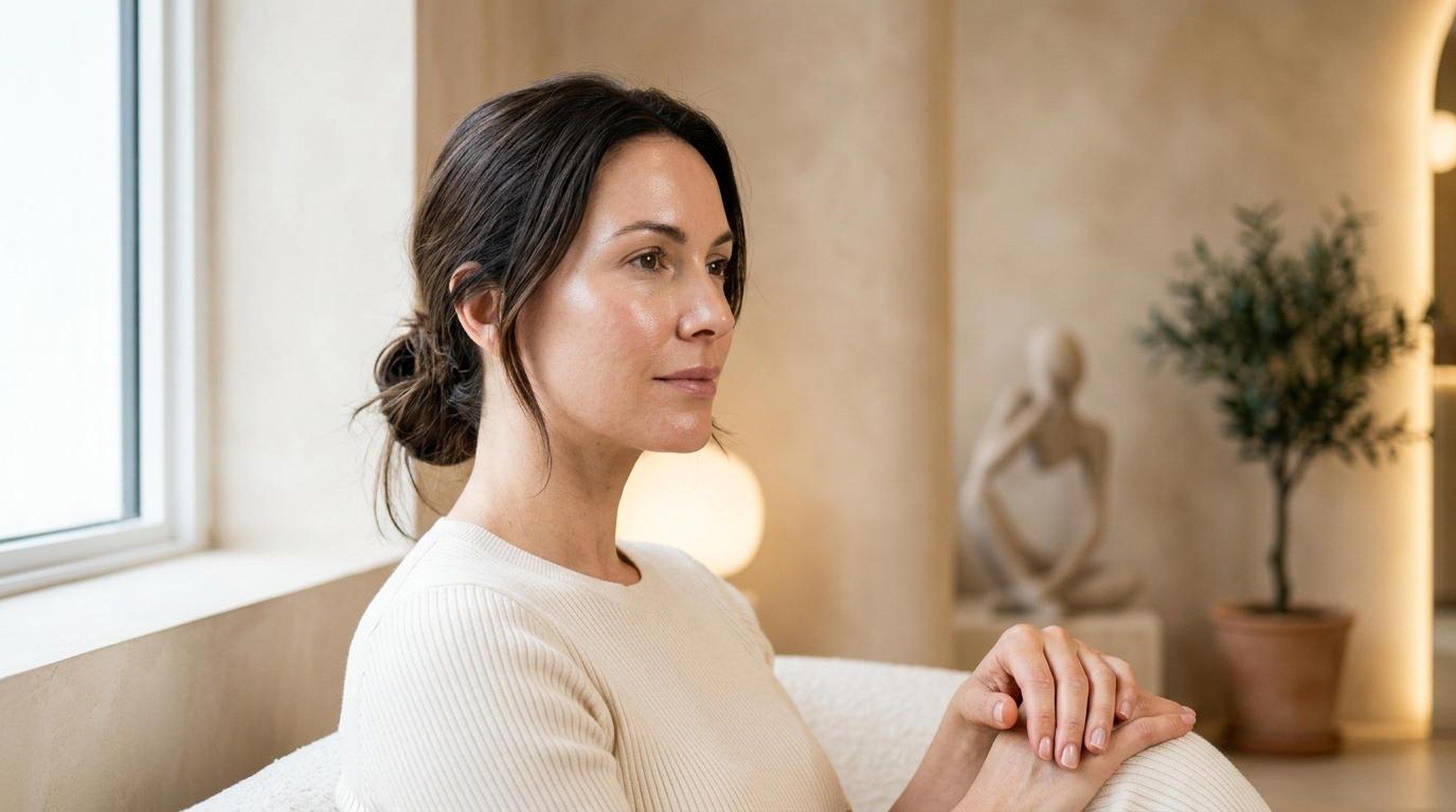 Portrait rapproché d'une femme à la peau hydratée et lumineuse, lumière de fenêtre, clinique de médecine esthétique à Montréal