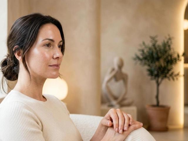 Portrait rapproché d'une femme à la peau hydratée et lumineuse, lumière de fenêtre, clinique de médecine esthétique à Montréal