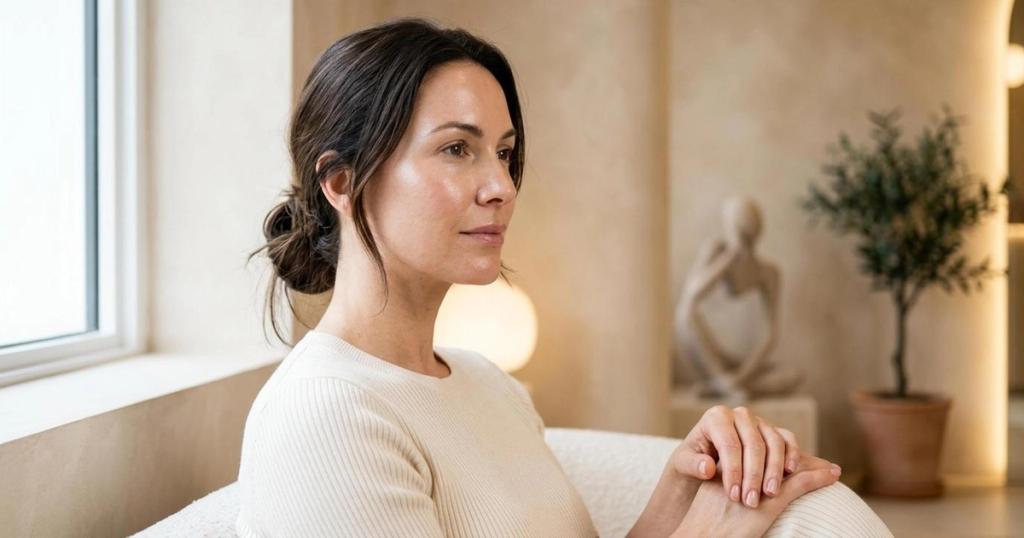 Portrait rapproché d'une femme à la peau hydratée et lumineuse, lumière de fenêtre, clinique de médecine esthétique à Montréal