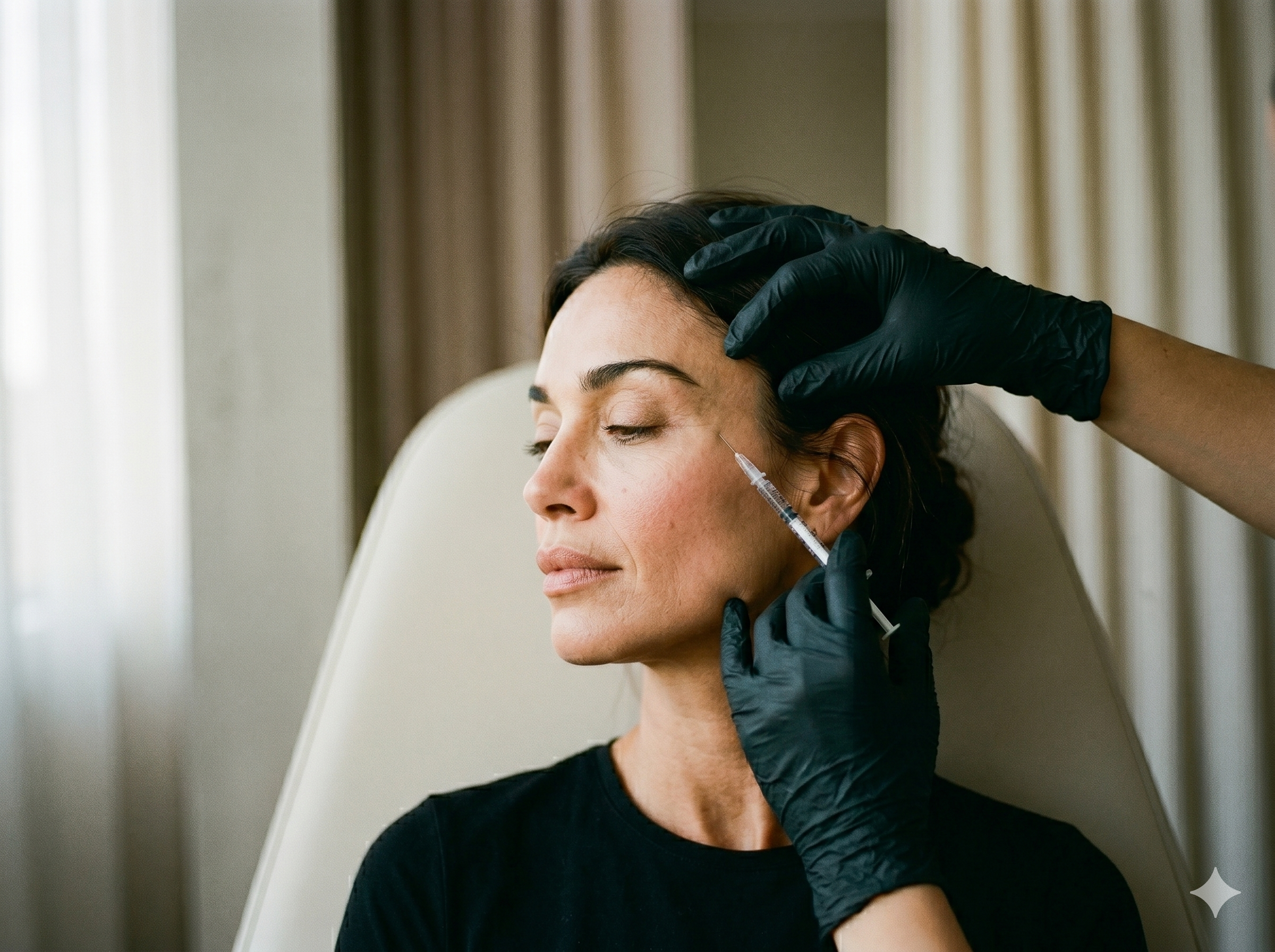 Injection de Sculptra à la joue, profil serein, photo éditoriale chaleureuse au grain argentique
