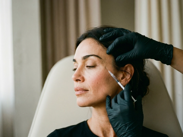 Injection de Sculptra à la joue, profil serein, photo éditoriale chaleureuse au grain argentique