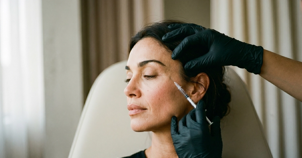 Injection de Sculptra à la joue, profil serein, photo éditoriale chaleureuse au grain argentique