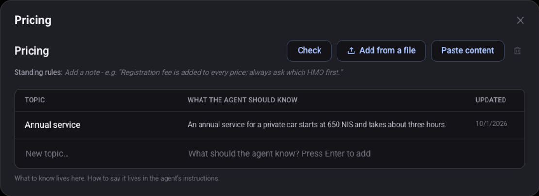 A knowledge table named Pricing with one row: the topic Annual service and the full answer