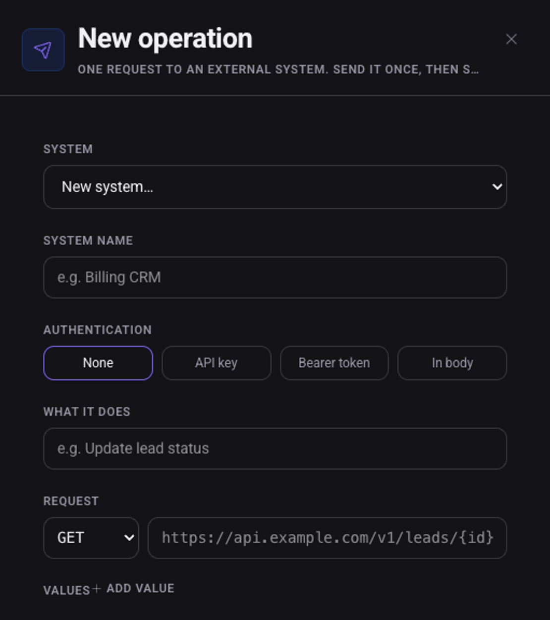 Manual setup: System, System name, Authentication, What it does, and the request line with method and address