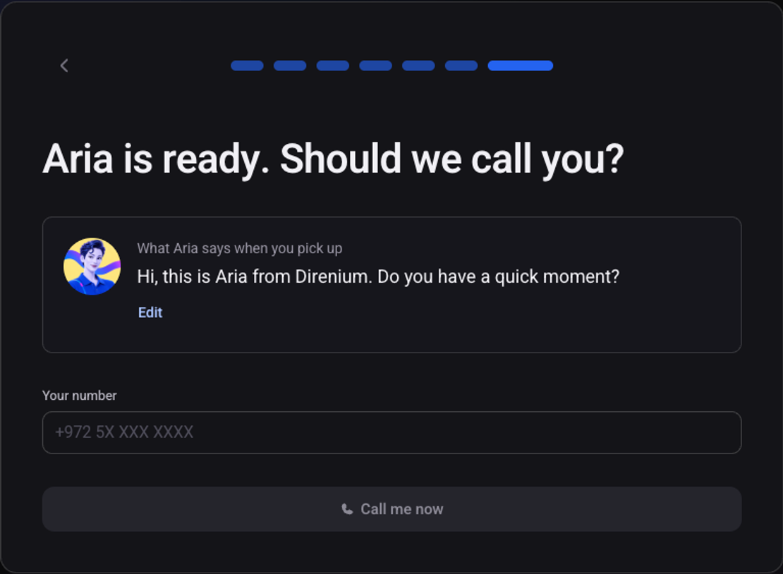 The trial call screen: the agent's greeting, a field for your mobile number and the Call me now button