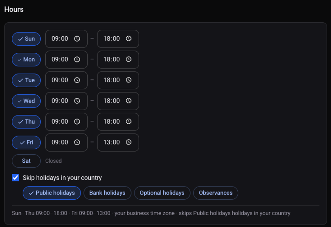 The Hours card: marked days with start and end times, and the option to skip holidays