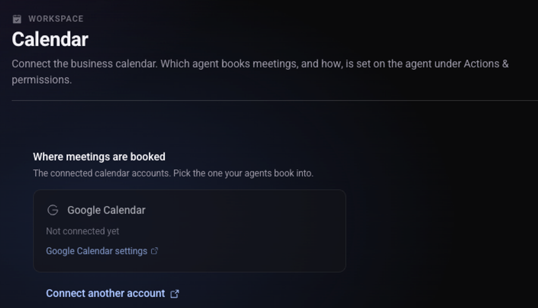 The Calendar screen: the Google Calendar card showing Not connected yet, with the Google Calendar settings link