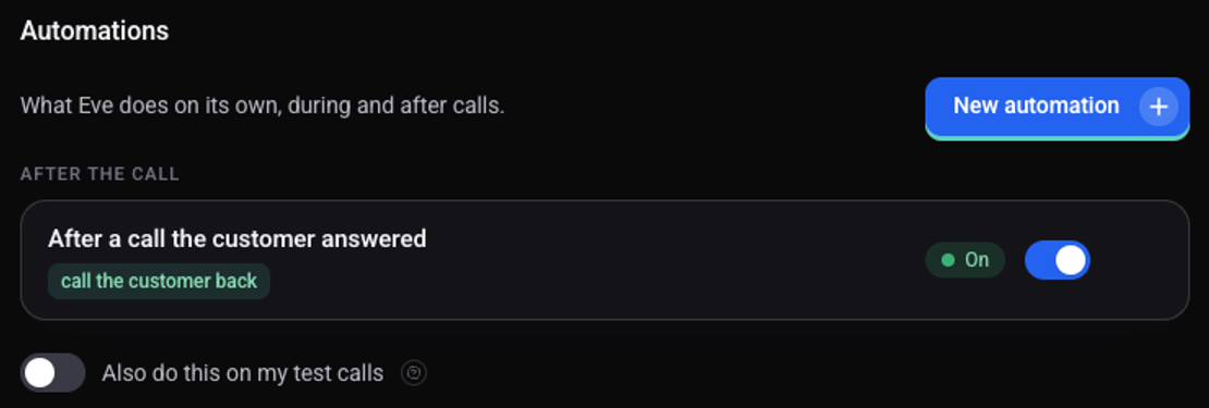 The Automations screen: the row After a call the customer answered, with the tag call the customer back and the status On