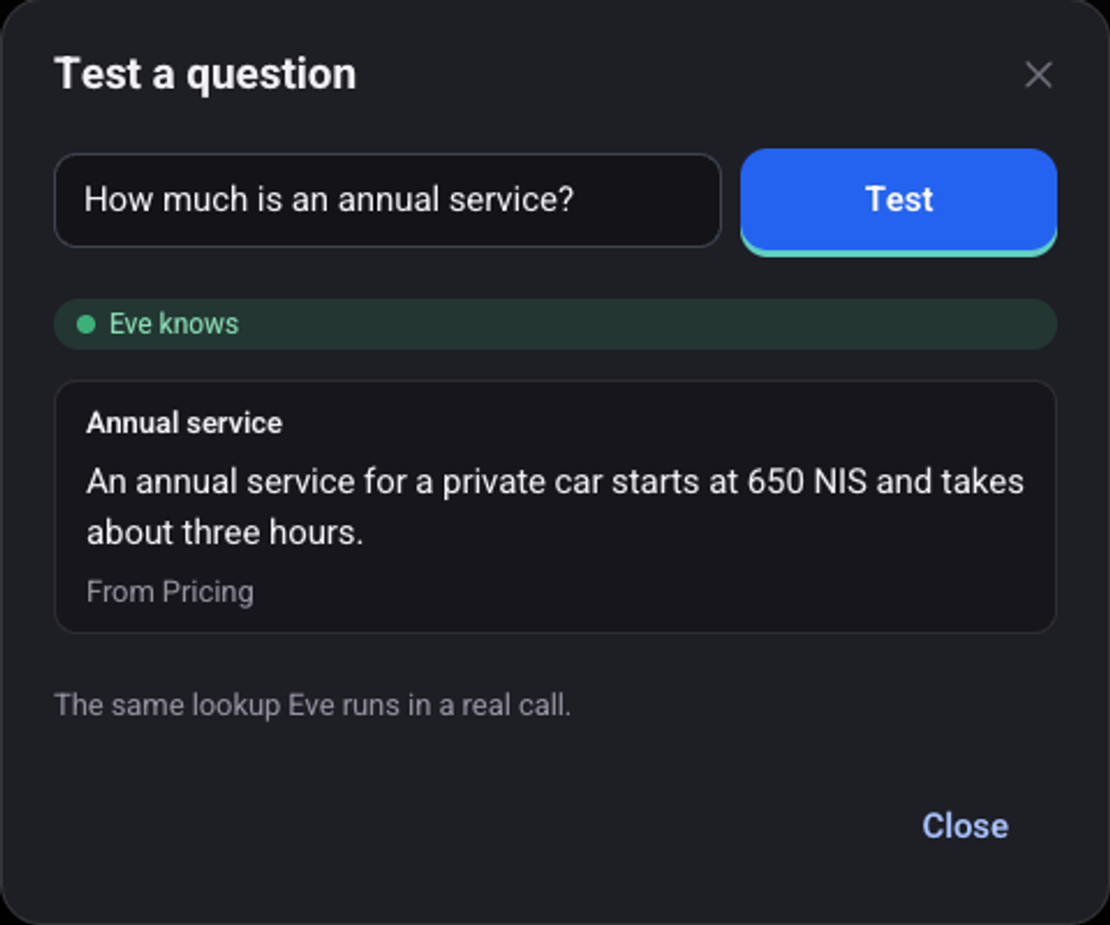 The Test a question window: the question about an annual service and the answer found in Pricing