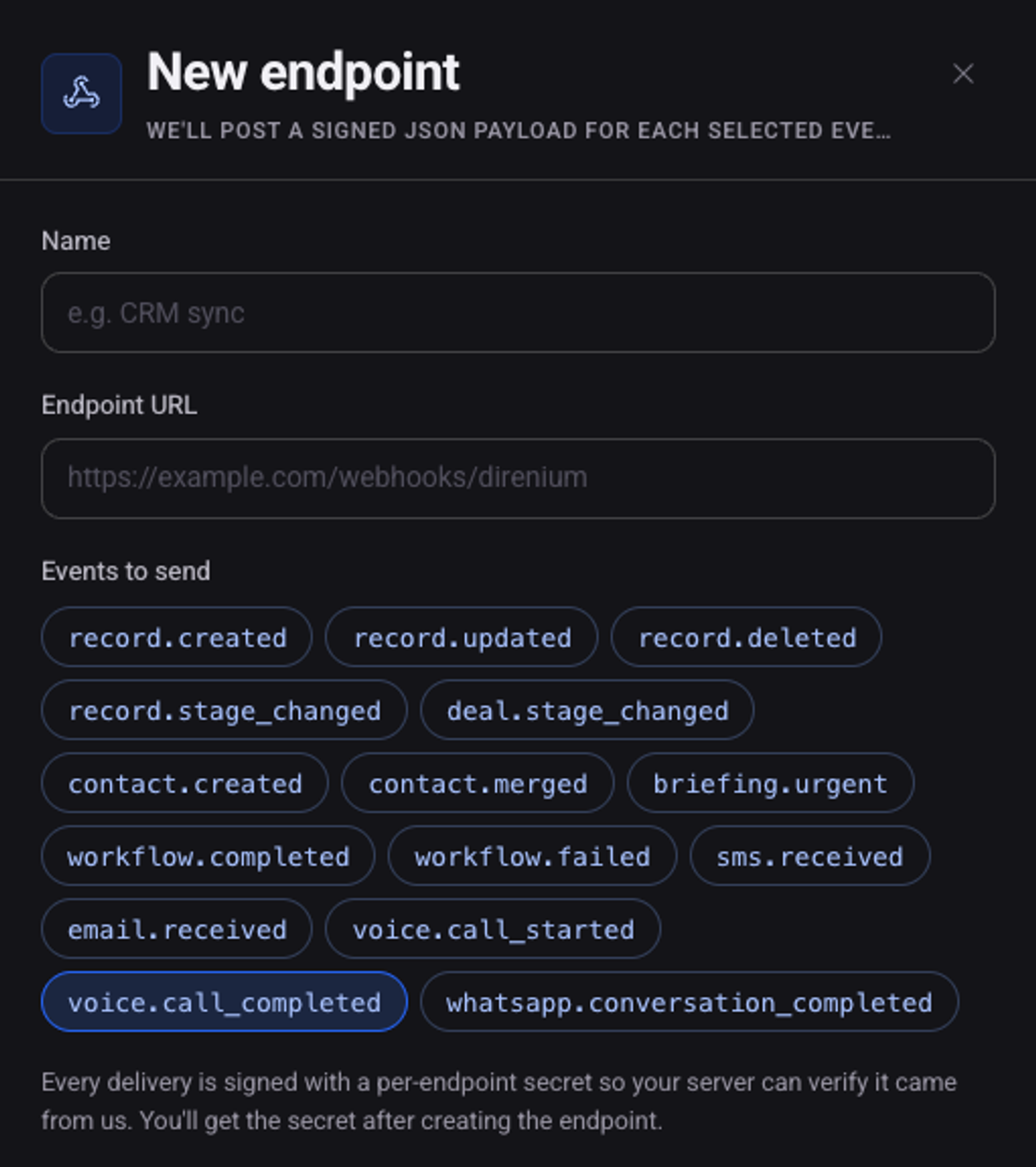 The New endpoint panel: name, endpoint URL and the list of events, with voice.call_completed selected
