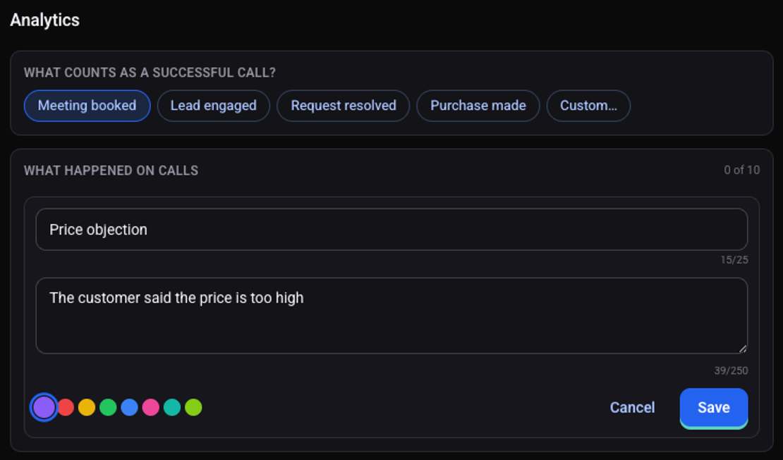 The Analytics screen: the Meeting booked outcome selected, and a new indicator named Price objection with when it applies
