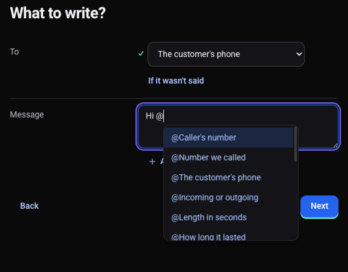 The What to write step: after typing @ a list of call details opens, such as the caller's number and the customer's phone