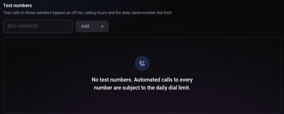 The Test numbers area: a field for the number and the Add button