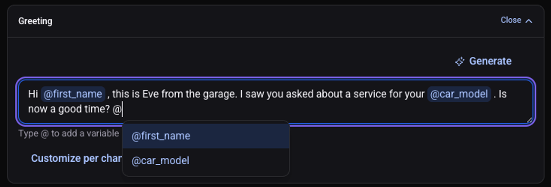A greeting with the list of variables that opens after typing @
