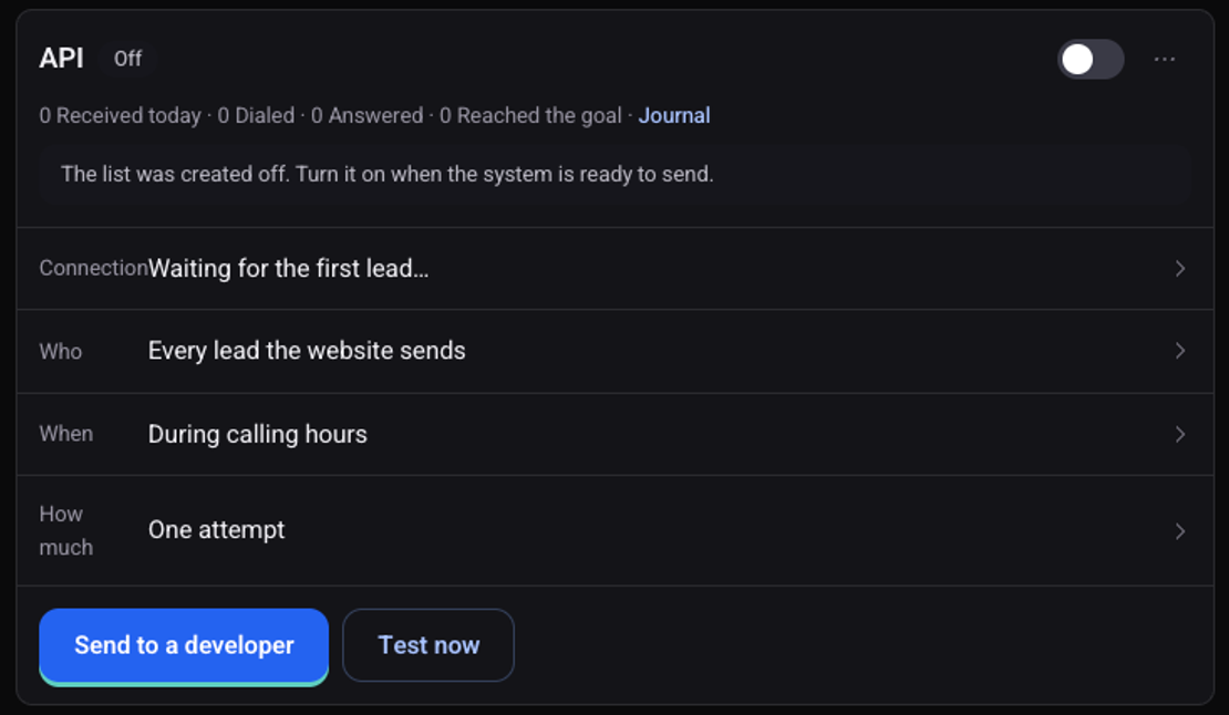 An API list card in the Off state, with the rows Connection, Who, When and How much and the buttons Send to a developer and Test now