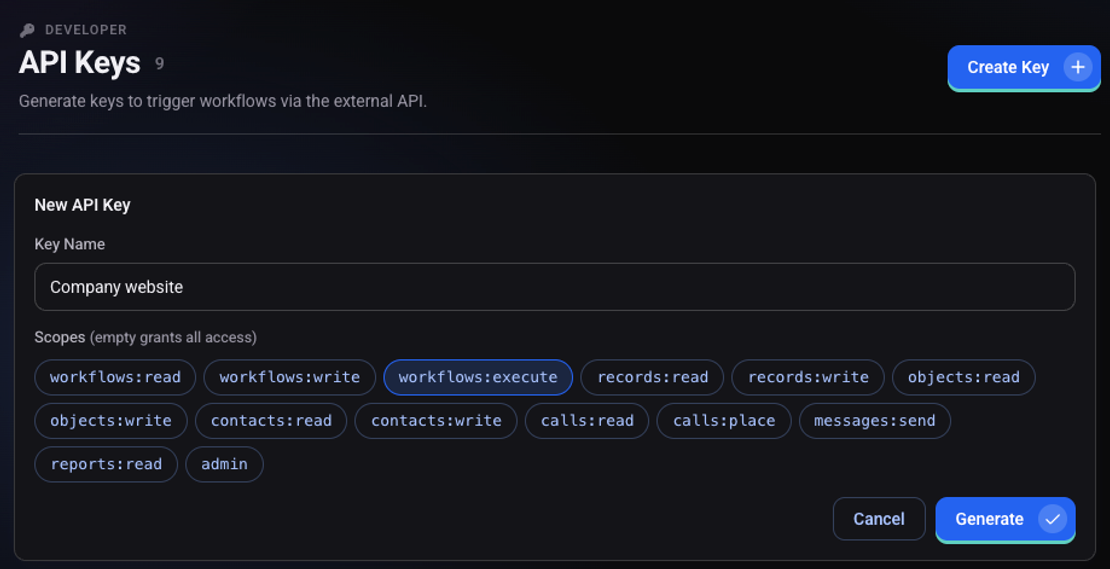 The New API Key form: the key name and the list of scopes to choose from