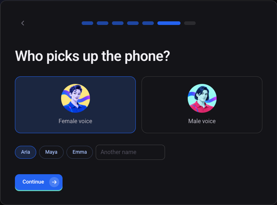 The Who picks up the phone screen: a choice between a female and a male voice, and a name for the agent