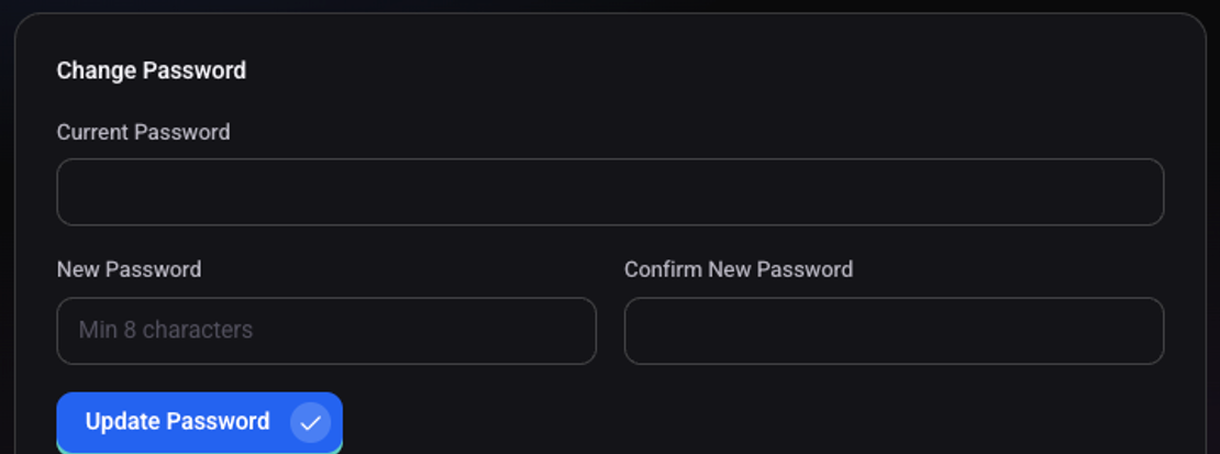 The Change Password card: current password, new password, confirm new password and the Update Password button