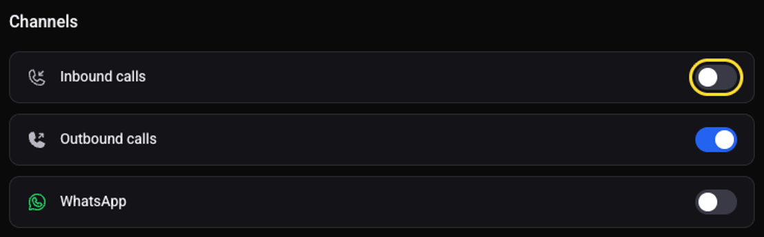 The list of channels, with the Inbound calls switch highlighted