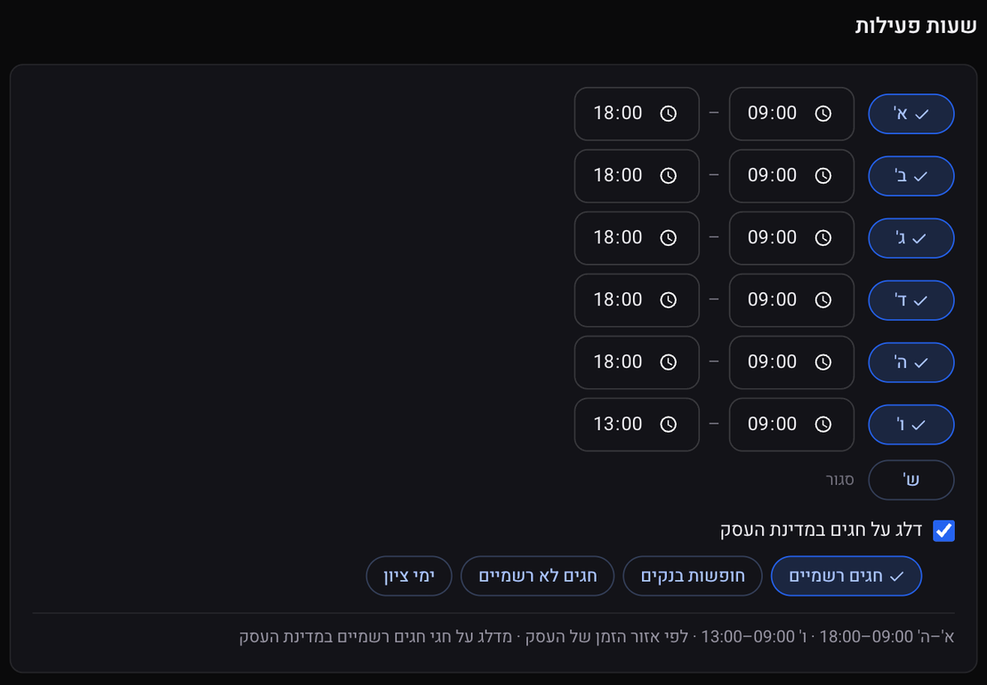 כרטיס שעות פעילות: ימים מסומנים עם שעת התחלה וסיום, והאפשרות לדלג על חגים