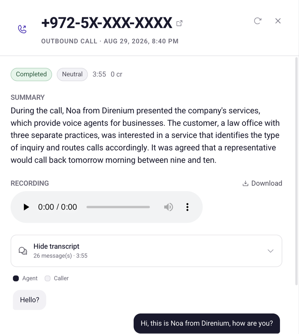 A real call in the Direnium platform. Personal details masked.