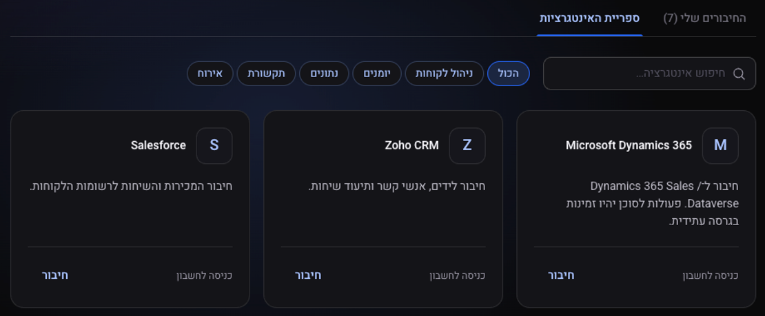 ספריית האינטגרציות: חיפוש, סינון לפי סוג, וכרטיס לכל מערכת עם הכפתור חיבור