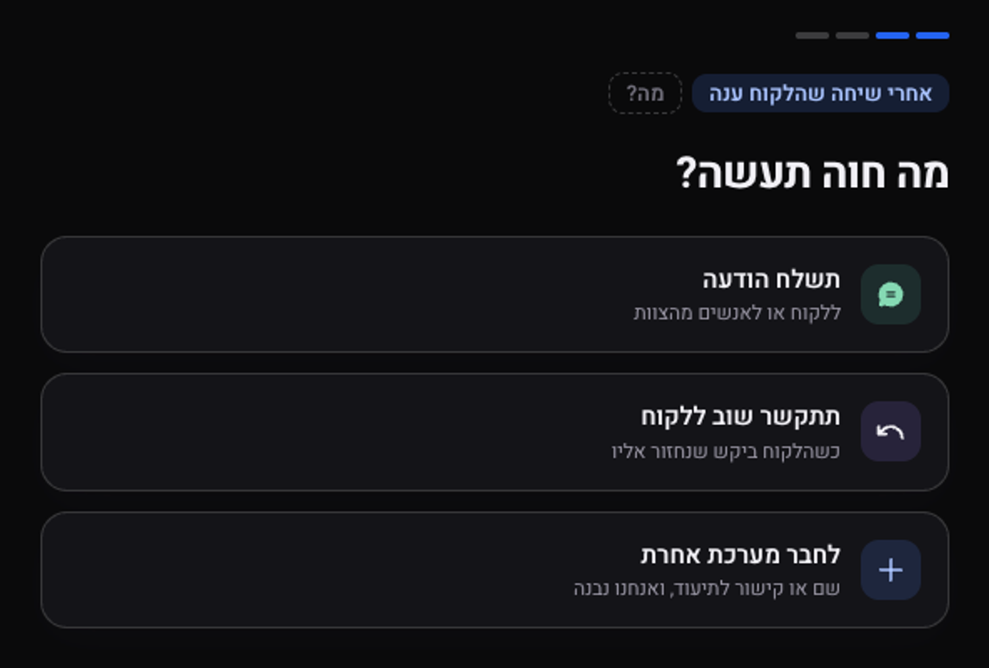 השלב מה: תשלח הודעה, תתקשר שוב ללקוח, או לחבר מערכת אחרת