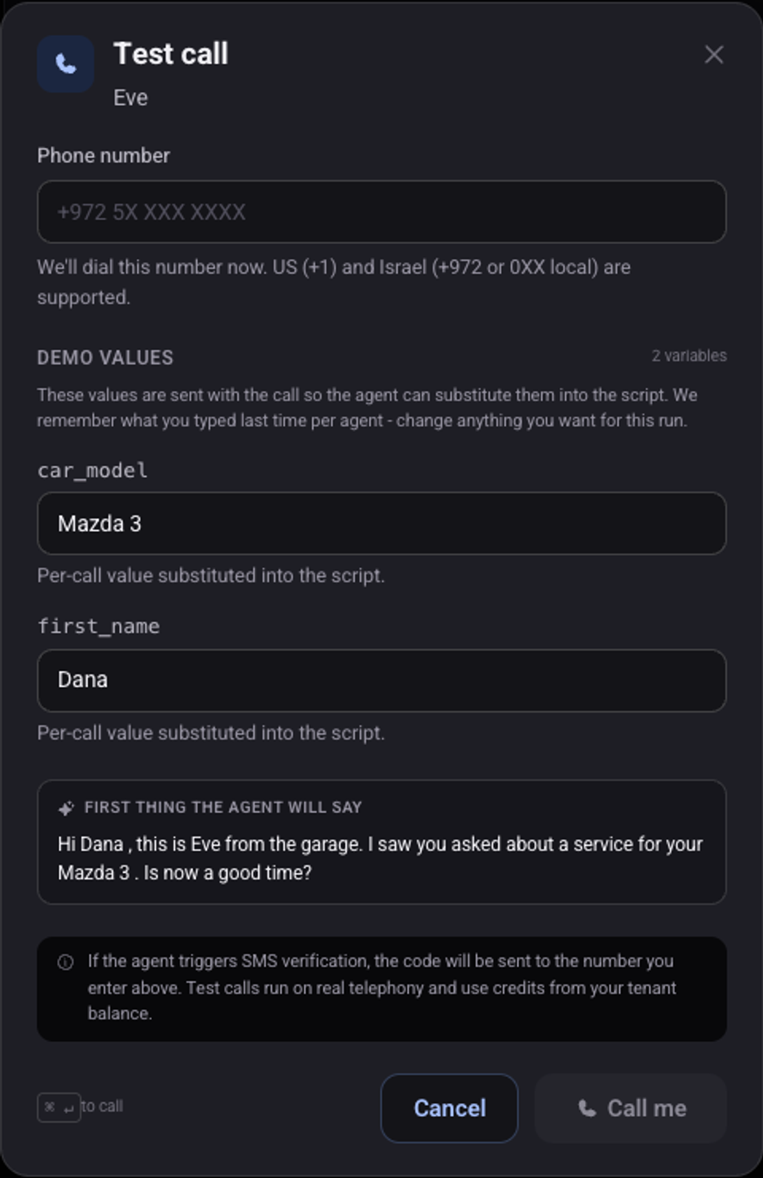 The Test call window with the demo values Dana and Mazda 3, and the agent's first sentence with those values