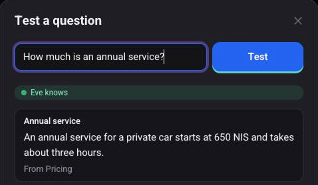 The Test a question window: the question How much is an annual service, and the answer found, from Pricing