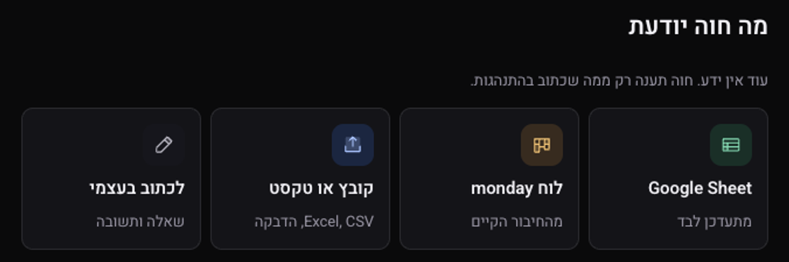 ארבע הדרכים להוסיף ידע: Google Sheet, לוח monday, קובץ או טקסט, לכתוב בעצמי