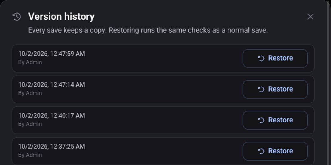 The Version history window: a list of saves with date, time, who saved and a Restore button