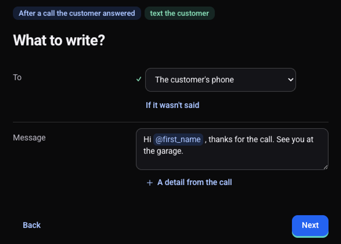 The What to write step for an SMS to the customer: the recipient is the customer's phone, and the message includes the first_name tag