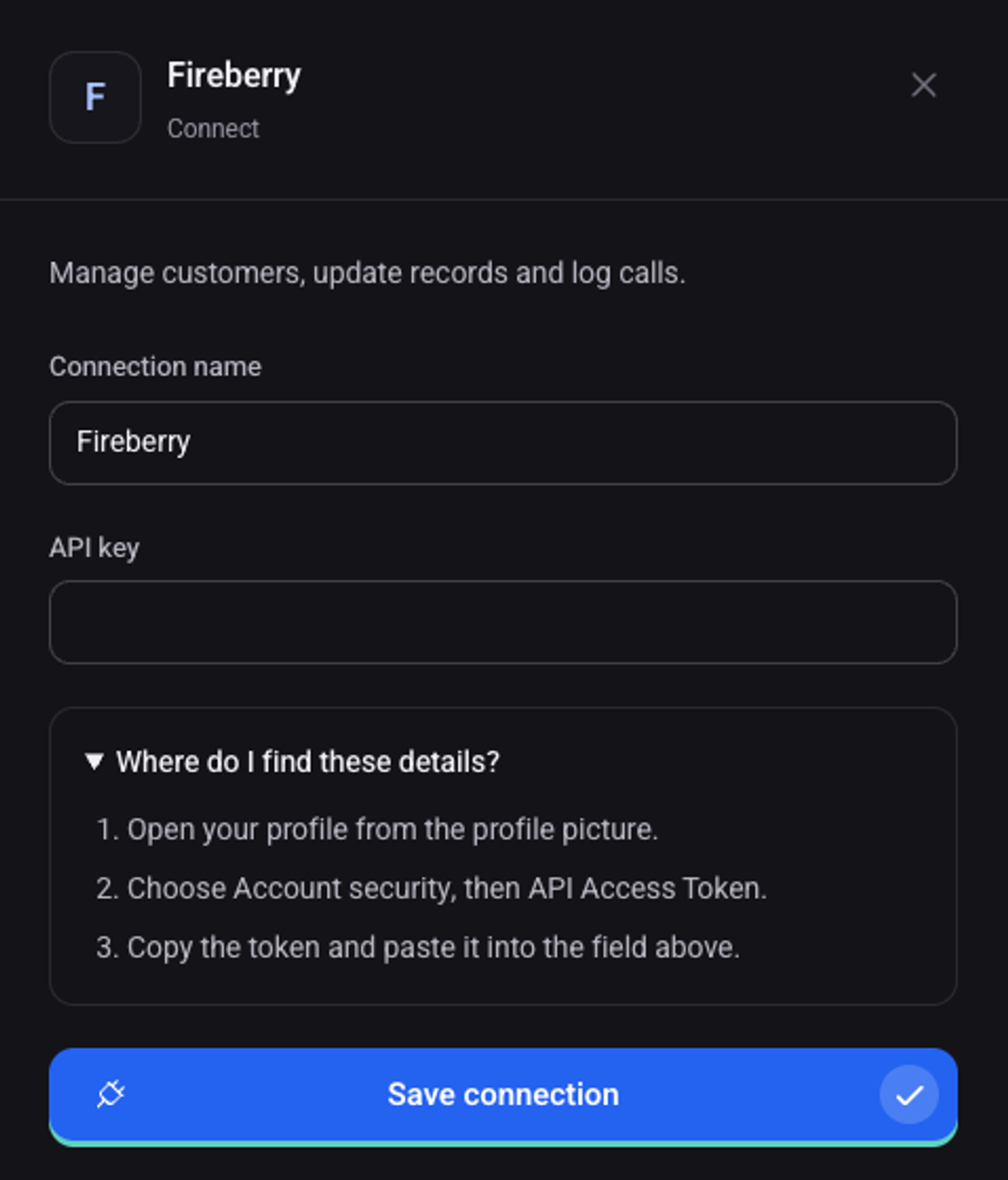 The Fireberry connection panel: the details to fill in, where to find them, and the connect button